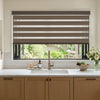 Marlow light filtering zebra shade with brown/white sheer & solid bands, modern kitchen.
