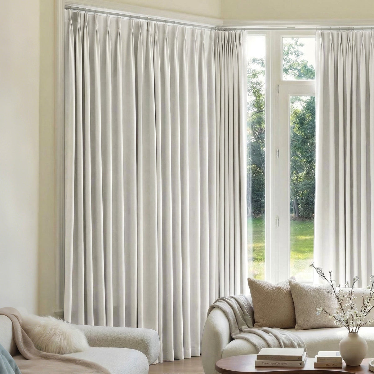 Custom light grey Mason triple weave blackout curtains with elegant pleats.