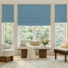 Alder Faux Linen Blackout Roman Shade in blue, custom fit.