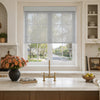 Light filtering gray solar shade over kitchen window, no-drill custom shade