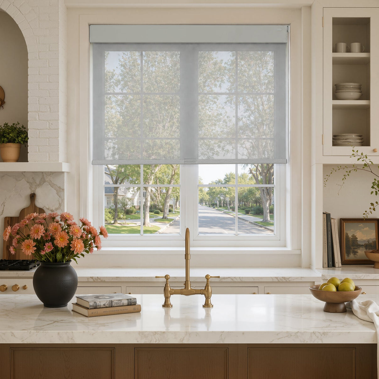 Light filtering gray solar shade over kitchen window, no-drill custom shade