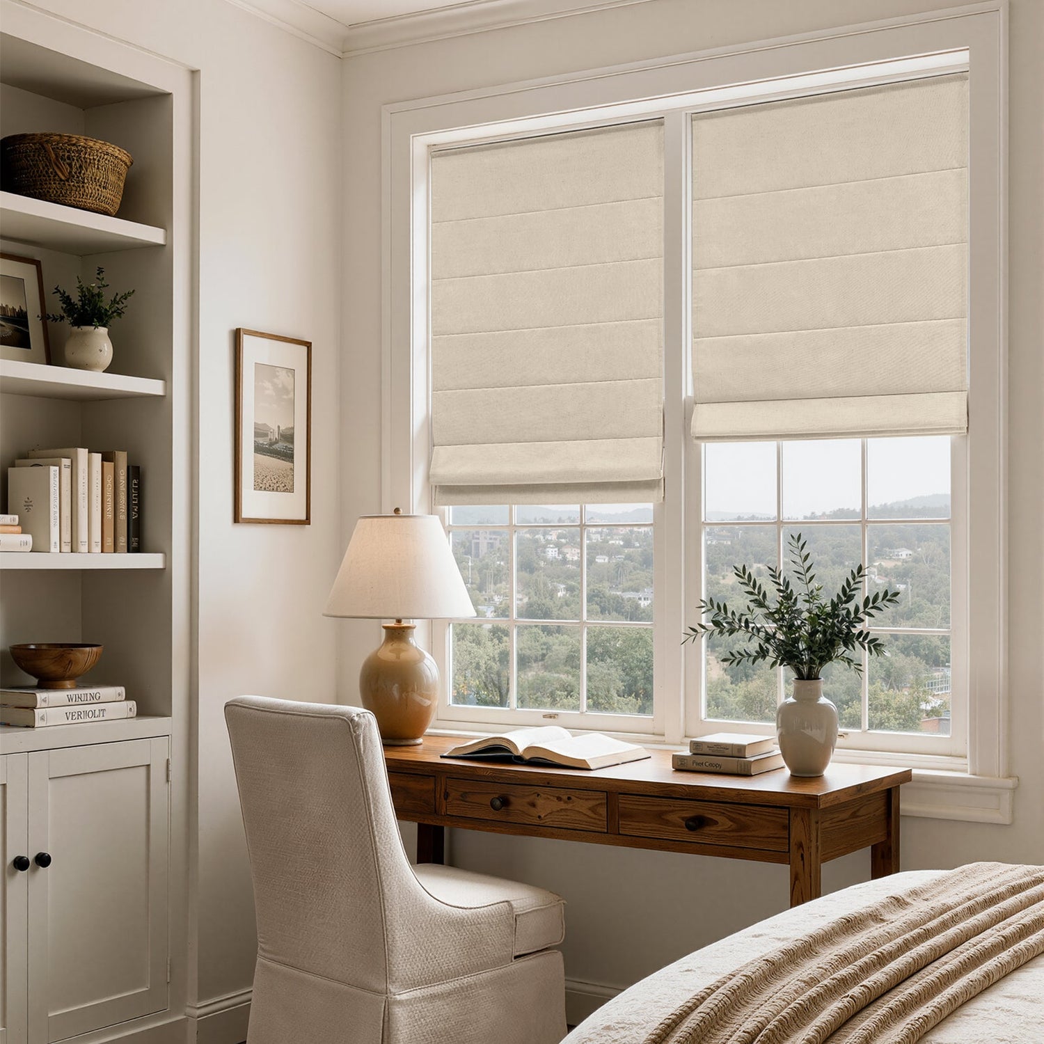 Custom linen blend blackout Roman shade in beige, fitted to a double window