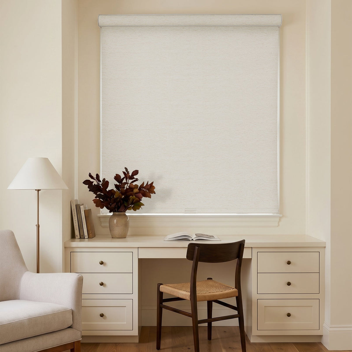 Custom off-white linen-textured blackout roller shade for modern window treatments