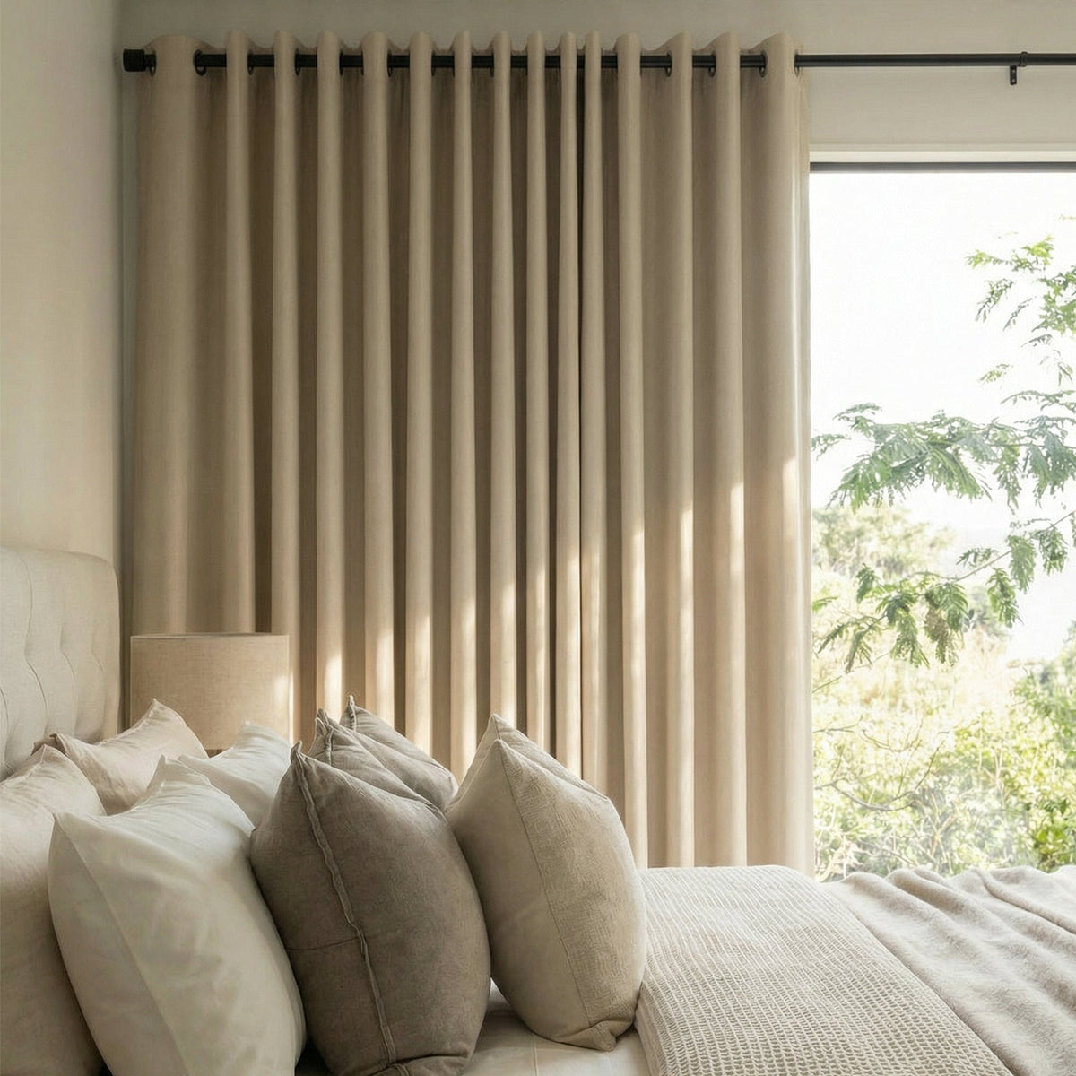 Beige triple weave polyester blackout curtains, custom window treatment for bedroom.